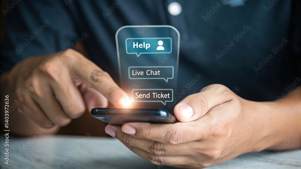 Digital Help Request: A close-up shot of a hand reaching for a digital 'help' button on a smartphone. Digital Help Request: A close-up shot of a hand reaching for a digital 'help' button on a smartphone.