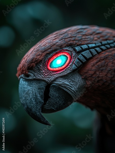 Close-up of a bird with glowing eye.