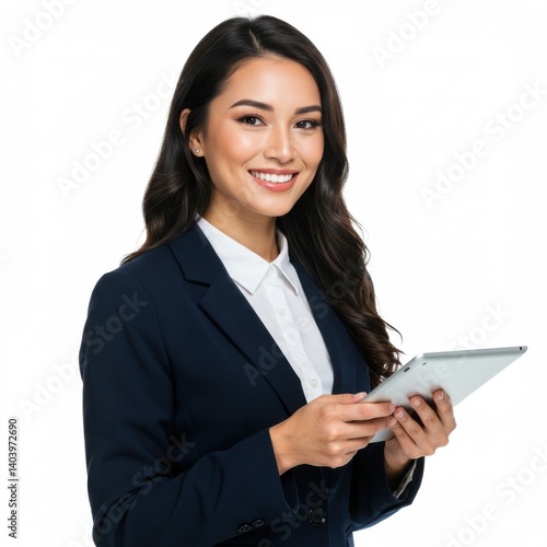 Woman with tablet smiling on white background