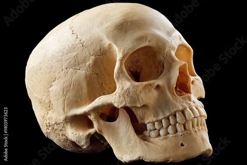 Human skull on a black background.