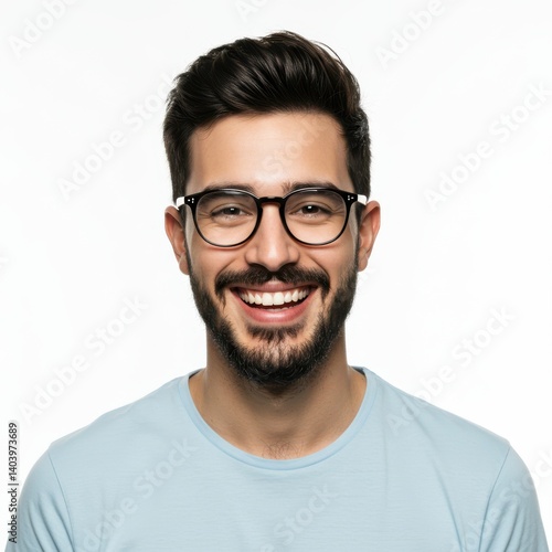 Smiling man with glasses portrait on white background