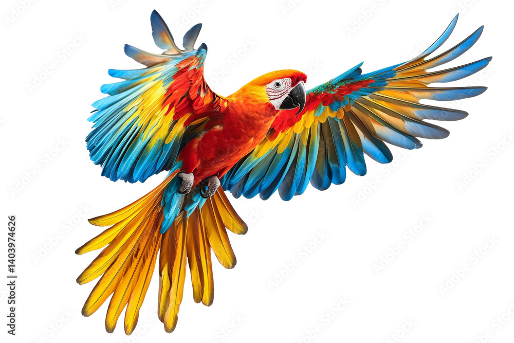 Fototapeta premium A vibrant macaw soars its wings a kaleidoscope of colors against a dark backdrop a symbol of freedom