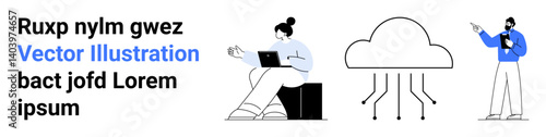 Woman using laptop, man discussing concepts, cloud graphic with data connections. Ideal for technology, teamwork, IT services, cloud computing, collaboration, innovation simple landing page