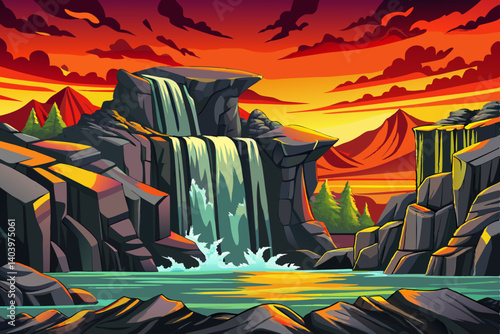 cartoon falls a silky smooth waterfall against a rock face cliff with splashing water at its base at sunset time
