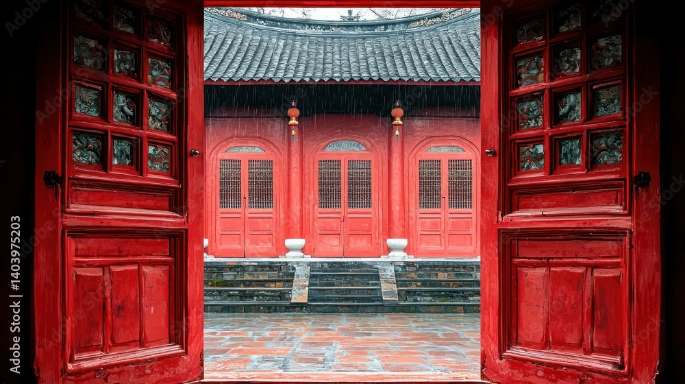 Fototapeta premium Red Doors to Tranquility: A Glimpse into a Serene Temple Courtyard