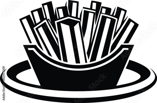 Delicious golden french fries on plate silhouette black vector illustration 