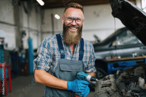 Smiling auto mechanic holding drill fixing vehicle in garage