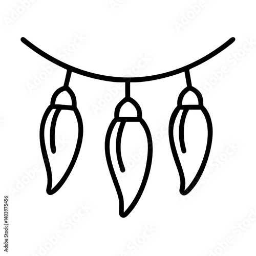 Outline drawing of hanging chili pepper string lights for festive decoration and holiday design