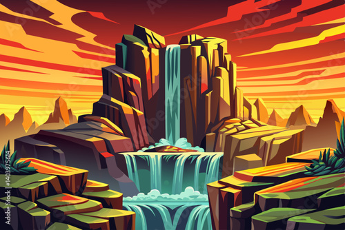 cartoon falls a silky smooth waterfall against a rock face cliff with splashing water at its base at sunset time