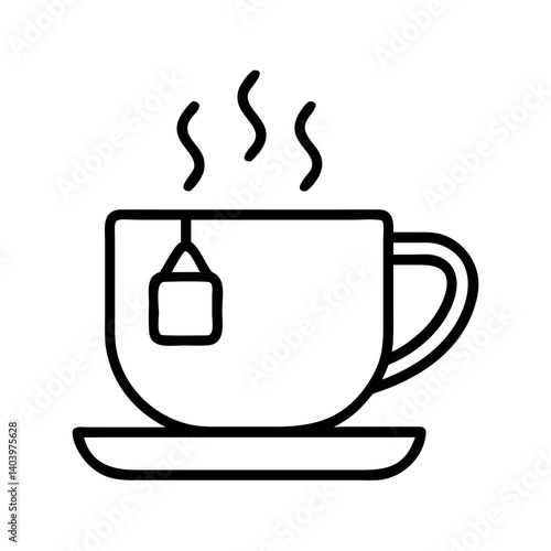 Hot tea cup vector graphic with tea bag and steam outline icon for cafe and restaurant menu