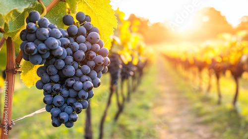 A cluster of ripe dark grapes hangs from a vine in a vineyard at sunset