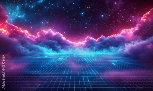 Synthwave vaporwave retrowave cyber background with copy space, laser grid, starry sky, blue and purple glows with smoke and particles. Design for poster, cover, wallpaper, web, banner, Generative AI