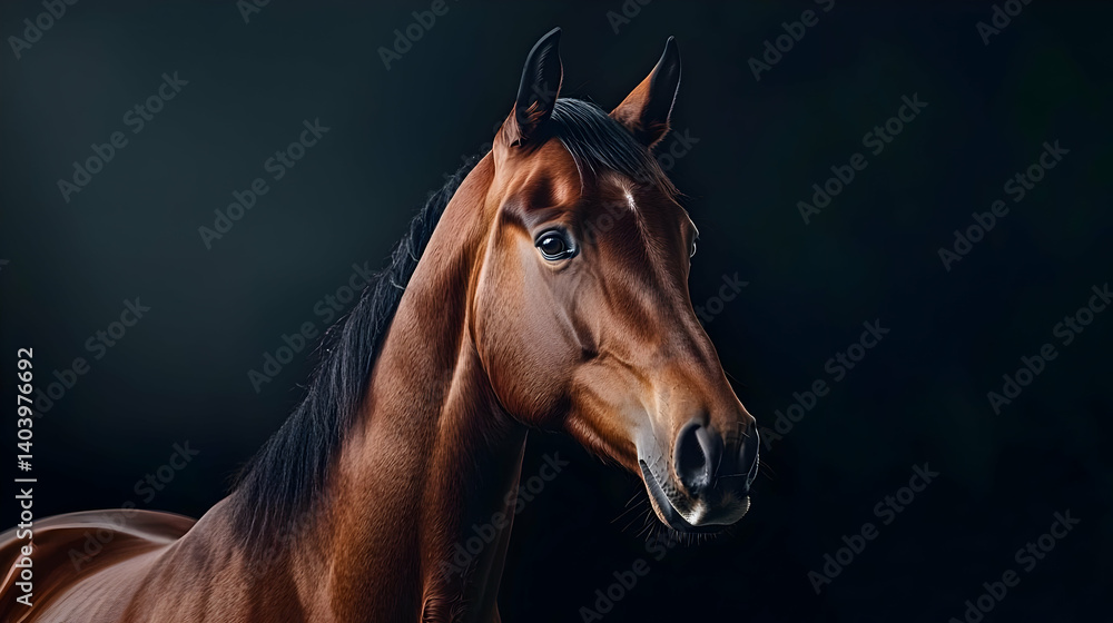 Fototapeta premium Close Up Portrait Of A Brown Horse Against Dark Background