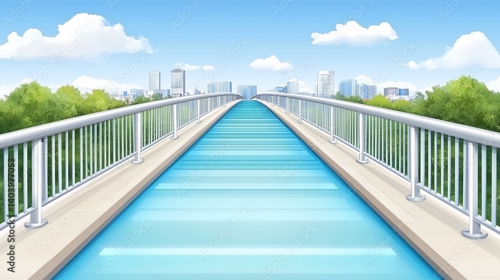 Fototapeta premium Urban bridge walkway, perspective view, modern design, clear blue sky, cityscapes