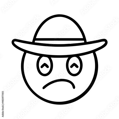 Illustration of sad emoji wearing a hat, outline drawing of unhappy face with hat graphic vector