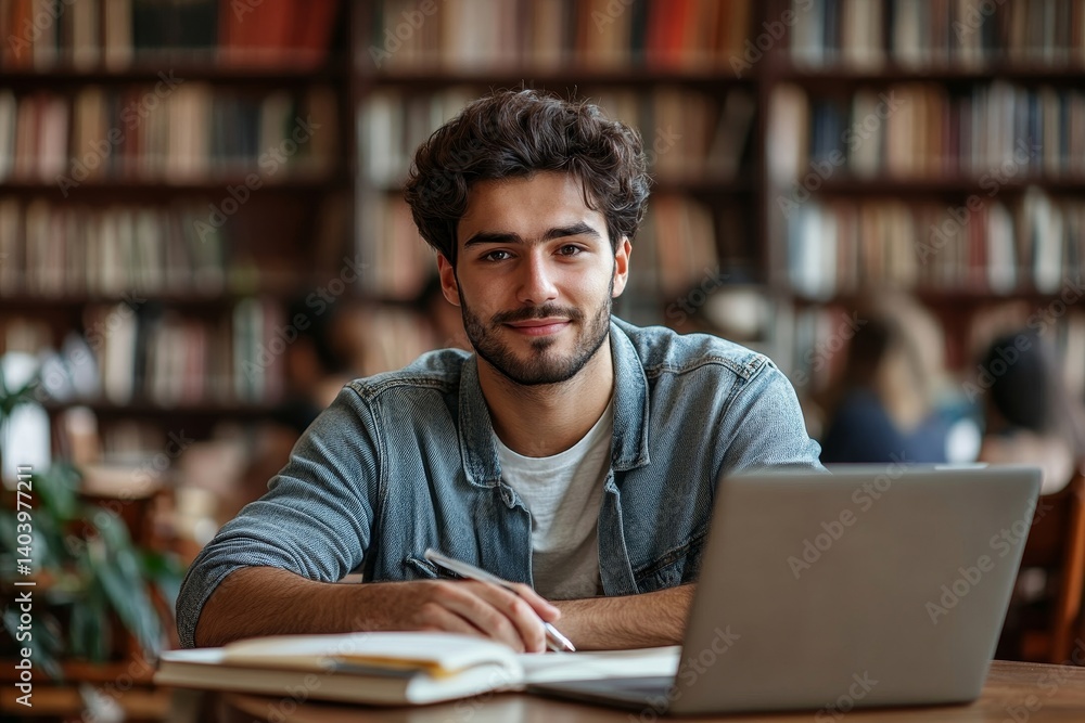 Latin student guy sitting in front of laptop and holding copybook, showcasing focused and traditional study approach with modern tools in library, Generative AI Latin student guy sitting in front of laptop and holding copybook, showcasing focused and traditional study approach with modern tools in library, Generative AI