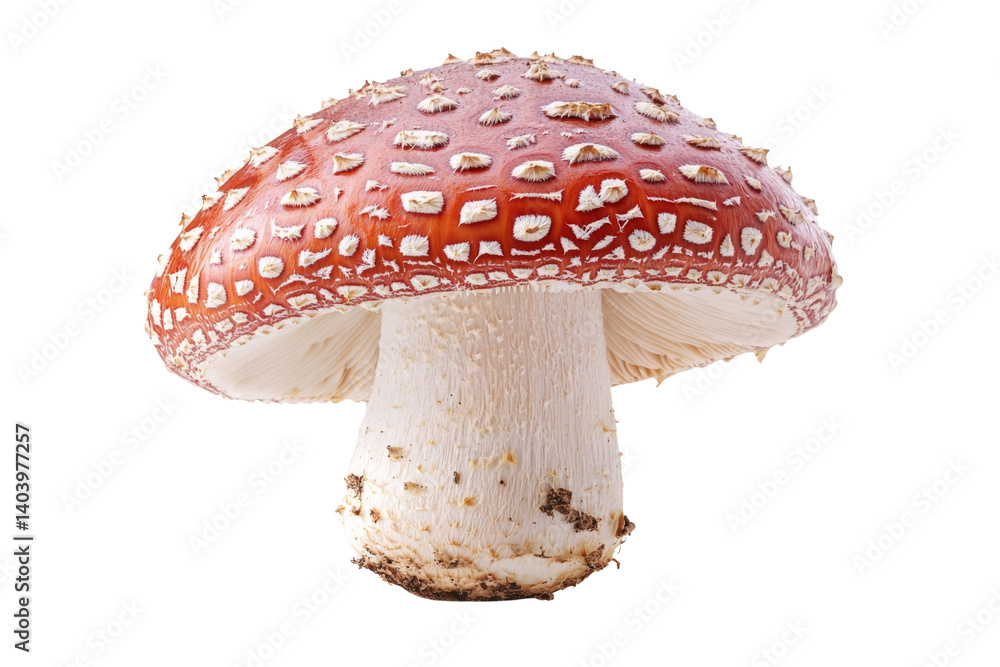 A vibrant red mushroom with white spots stands tall against a black backdrop showcasing its texture A vibrant red mushroom with white spots stands tall against a black backdrop showcasing its texture