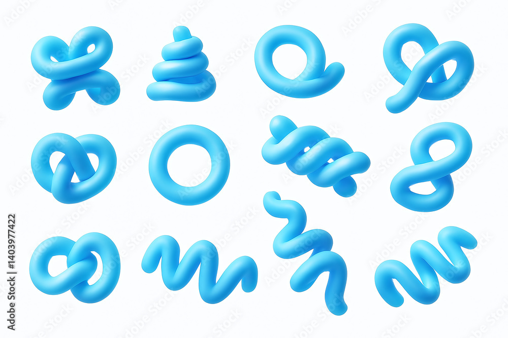 Set of abstract 3D blue shapes, including spirals, knots, and curves with a smooth glossy surface, presented on a white background for design and creative projects Set of abstract 3D blue shapes, including spirals, knots, and curves with a smooth glossy surface, presented on a white background for design and creative projects