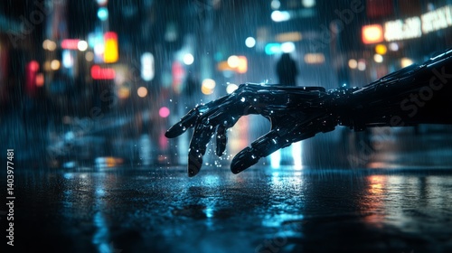 Cinematic cyberpunk scene of a human hand reaching toward a robotic arm, fing...