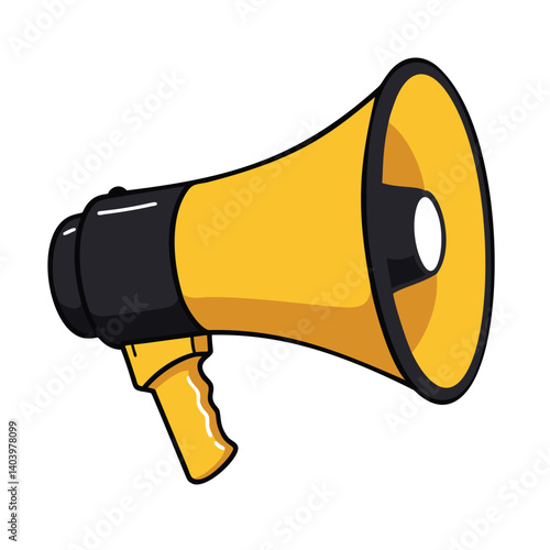 Black and yellow megaphone illustration vector graphic of a bullhorn for announcements, promotions, and public speaking - isolated on white background