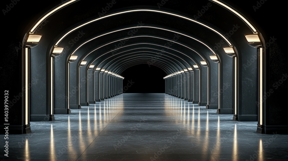 Elegant Dark Archway Corridor with Illuminating Lights Elegant Dark Archway Corridor with Illuminating Lights