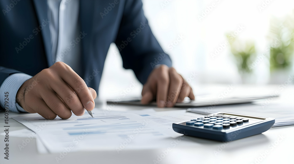 Businessman Analyzing Financial Report with Calculator on Desk in Bright Office Businessman Analyzing Financial Report with Calculator on Desk in Bright Office