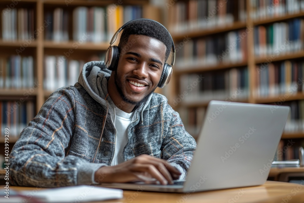 Portrait of happy black student guy wearing headphones and taking notes in front of laptop in college library interior, copy space, Generative AI Portrait of happy black student guy wearing headphones and taking notes in front of laptop in college library interior, copy space, Generative AI