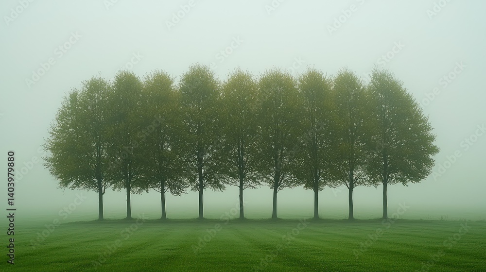 Fototapeta premium Misty Morning: Seven Trees in Serene Fog
