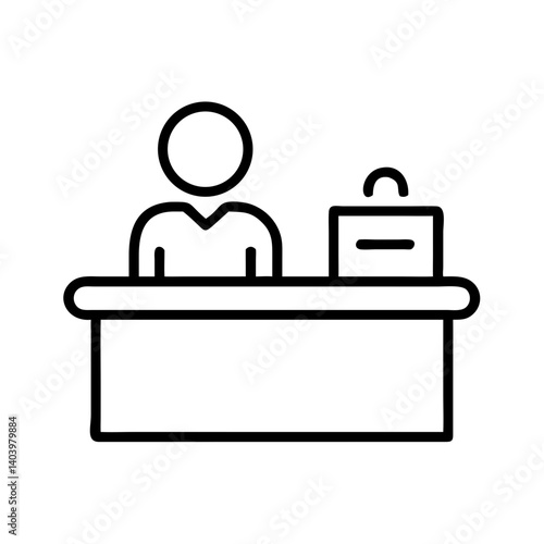 Minimalist black line icon of hotel reception desk with staff and luggage, check-in or concierge symbol for hospitality or travel design