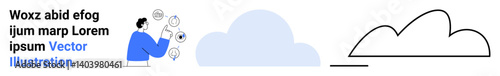 Man interacting with data symbols, large blue cloud in background, minimalist cloud outline. Ideal for technology, cloud computing, data analysis, innovation, storage, teamwork simple landing page