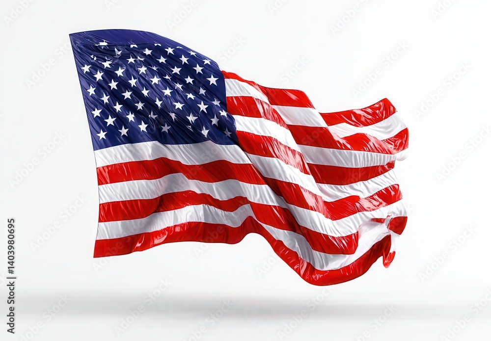 Obraz premium A vibrant American flag waving against a white background.