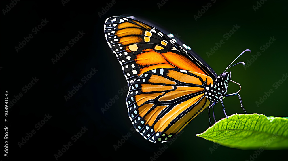 Fototapeta premium Vibrant Orange Monarch Butterfly Perched on a Green Leaf with Dark Background