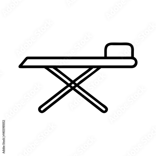 Minimalist black line icon of ironing board with folded legs, household laundry equipment symbol for cleaning, home care or clothing maintenance