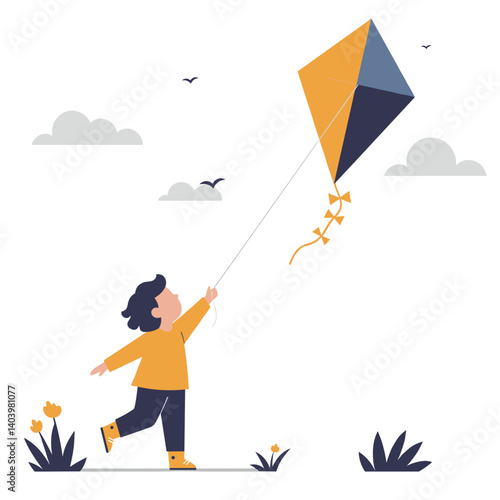 Child flying a kite joyfully in a colorful spring landscape -  