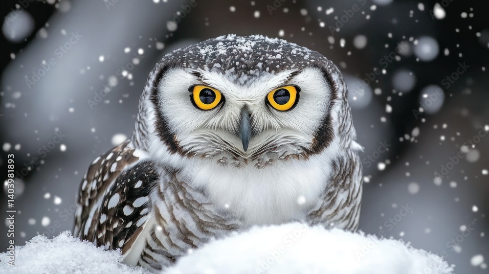 Fototapeta premium Snowy owl in winter snowfall