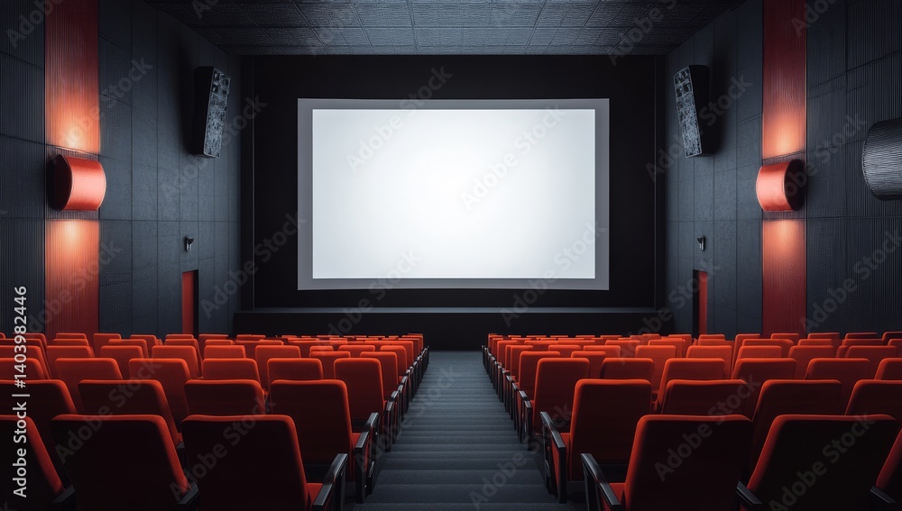 Fototapeta premium A vast theater with a blank screen and empty red seats stands ready for an audience. This modernly designed venue for film presentations and movie showtimes is a public place for entertainment