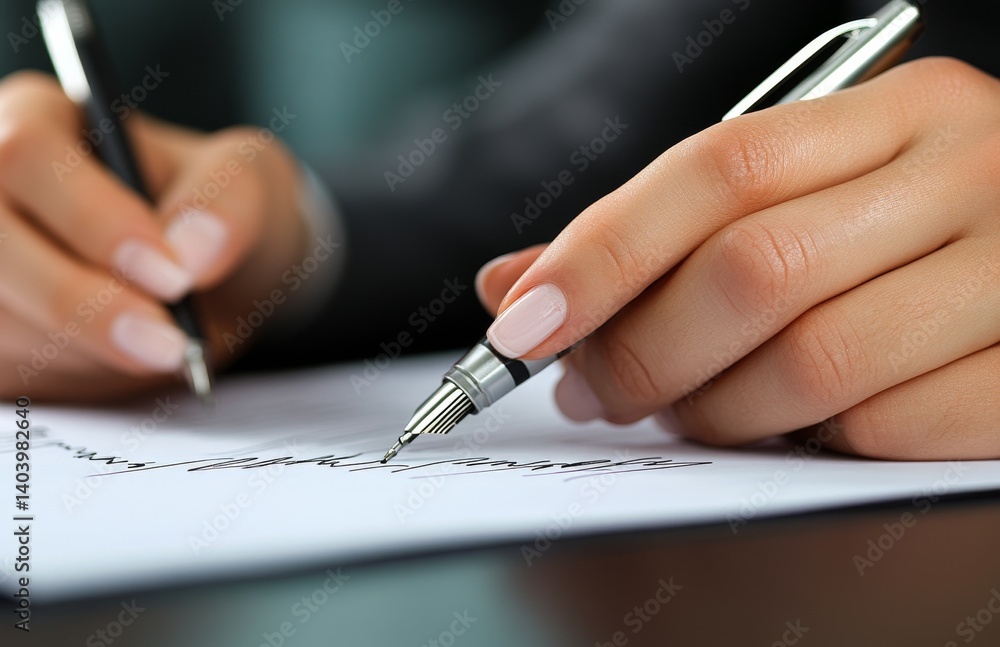 A close-up of a man's hand signing a contract. A businessman holds a pen, completing paperwork. Details include a document and wristwatch. This involves filling out legal forms and authorizing a A close-up of a man's hand signing a contract. A businessman holds a pen, completing paperwork. Details include a document and wristwatch. This involves filling out legal forms and authorizing a