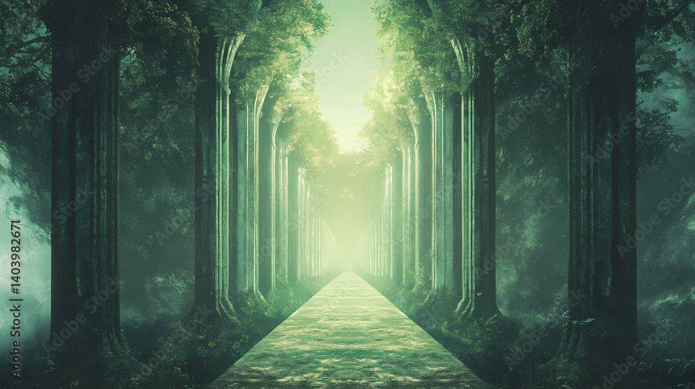 Naklejka premium Symmetrical landscape at warp entrance to alternate dimension. Enchanted Warp. Illustration