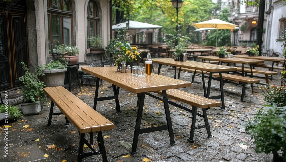 A perspective shot of wooden beer tables with long benches under a covered patio. This outdoor space is ideal for parties, events, or an outdoor restaurant, with blurred people sitting in the A perspective shot of wooden beer tables with long benches under a covered patio. This outdoor space is ideal for parties, events, or an outdoor restaurant, with blurred people sitting in the