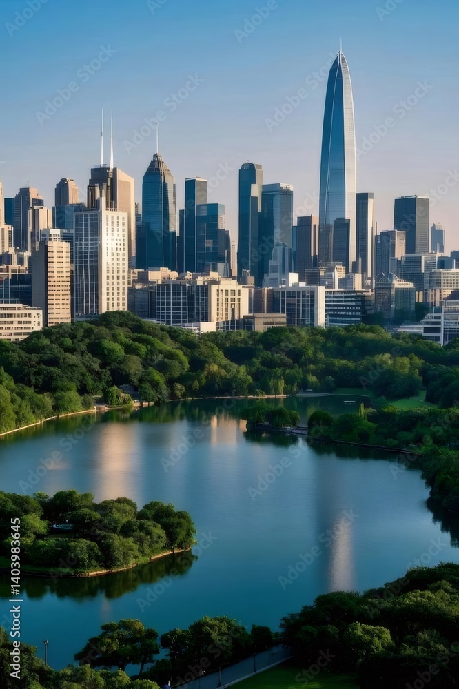 Panoramic View of a Metropolitan City Skyline with a Central Park Lake and Green Trees Under a Bright Blue Sky Panoramic View of a Metropolitan City Skyline with a Central Park Lake and Green Trees Under a Bright Blue Sky
