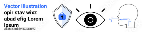 Shield with lock denotes security, eye symbolizes awareness, and human respiratory system relates to health and breathing. Ideal for healthcare, safety, awareness, protection, security, research