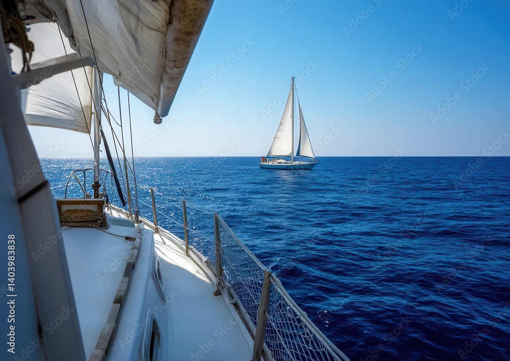 Sailboats glide across calm blue seas under a clear sky. Sailboats glide across calm blue seas under a clear sky.