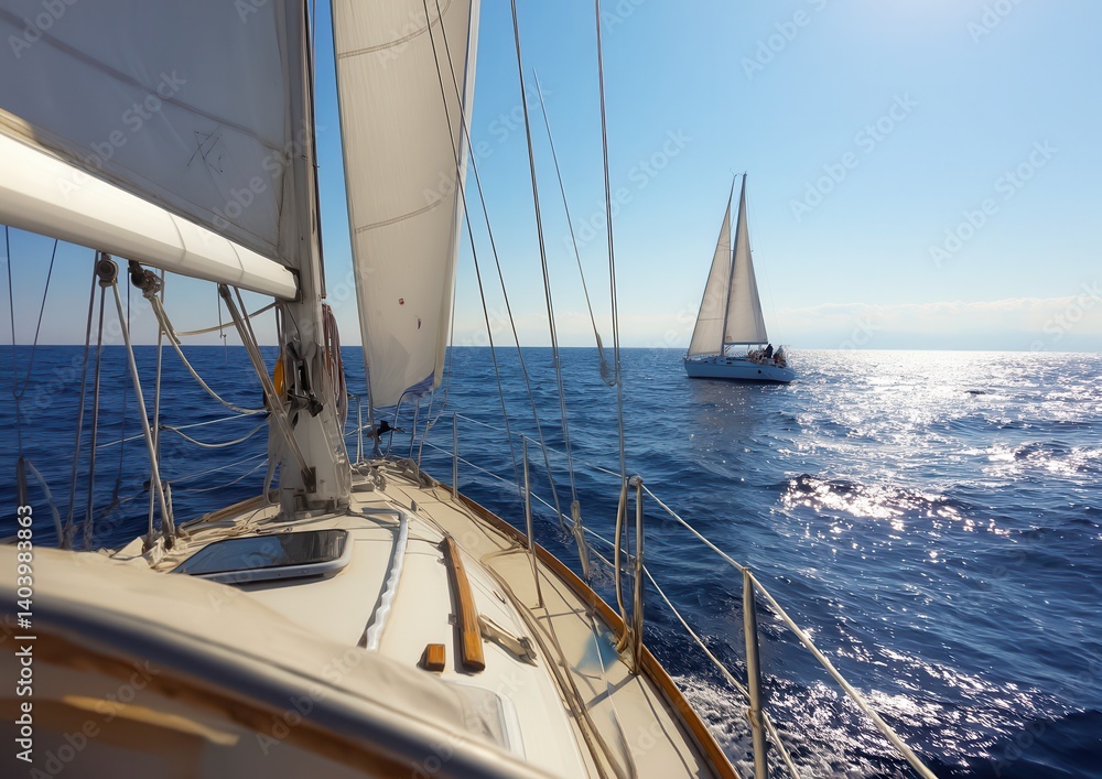 Naklejka premium Two sailboats glide on the shimmering blue ocean under a clear sky, creating a serene and peaceful scene of maritime beauty.