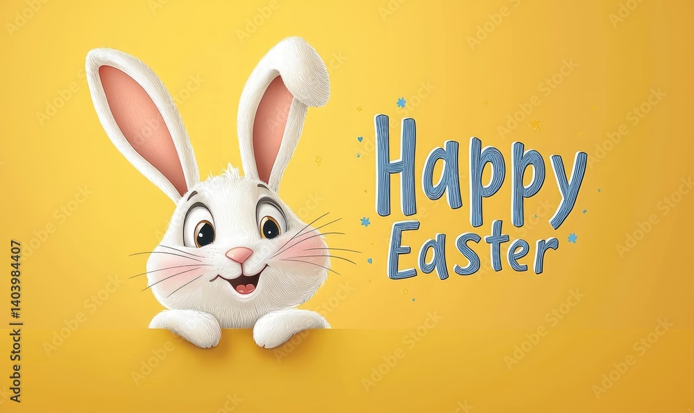 Obraz premium Cute white bunny peeking with cheerful expression beside “Happy Easter” text on bright yellow background. Ideal for Easter cards, banners, and festive promotions