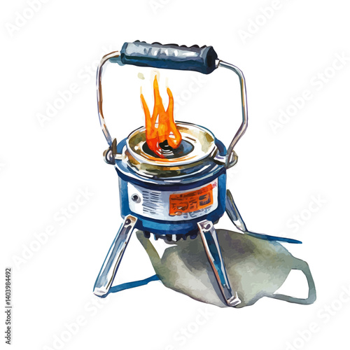 watercolor of Collapsible Camping Stove With Flame, vector, isolated on a white background.