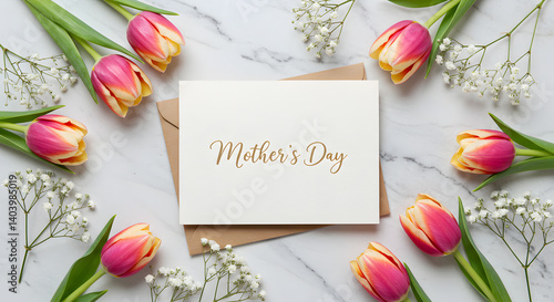 Minimalist Mother’s Day Card with Tulips on Marble Background