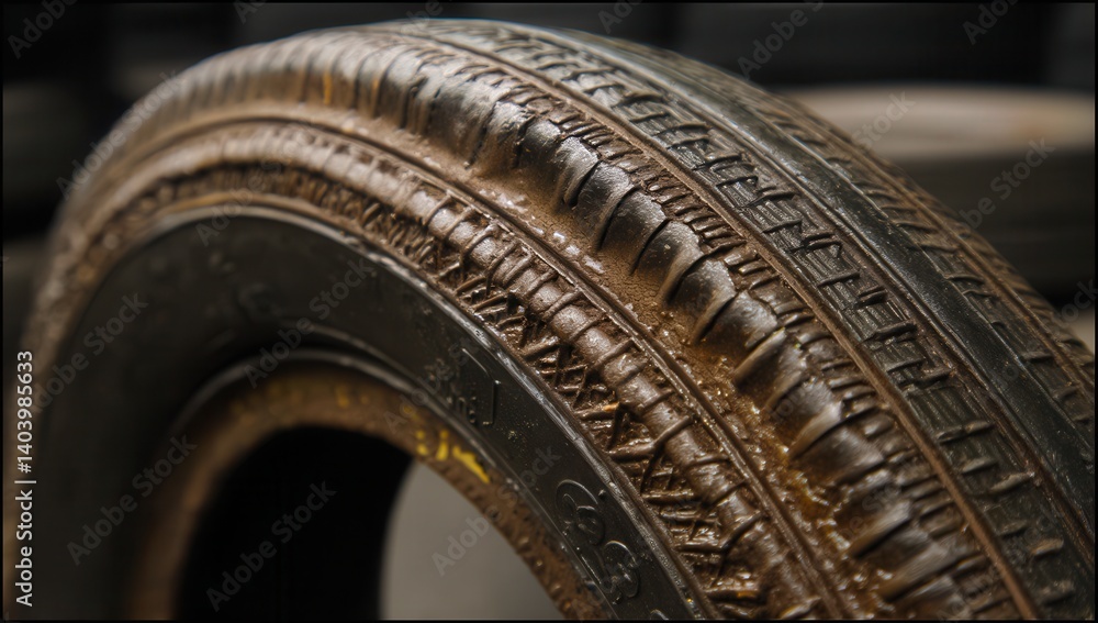 Fototapeta premium Close-up of a worn-out rubber tire with detailed tread patterns reflecting its usage over time.