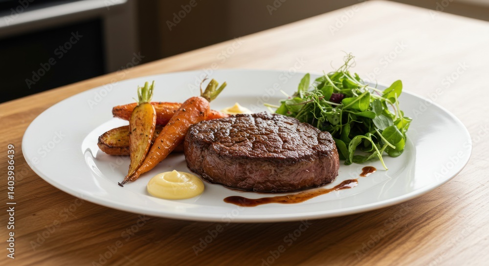Steak with carrots greens and sauce on white plate on wooden surface. Steak with carrots greens and sauce on white plate on wooden surface.