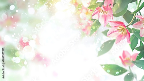 bokeh effects blended with pink tulips and green leaves, fresh and radiant, isolated on white background