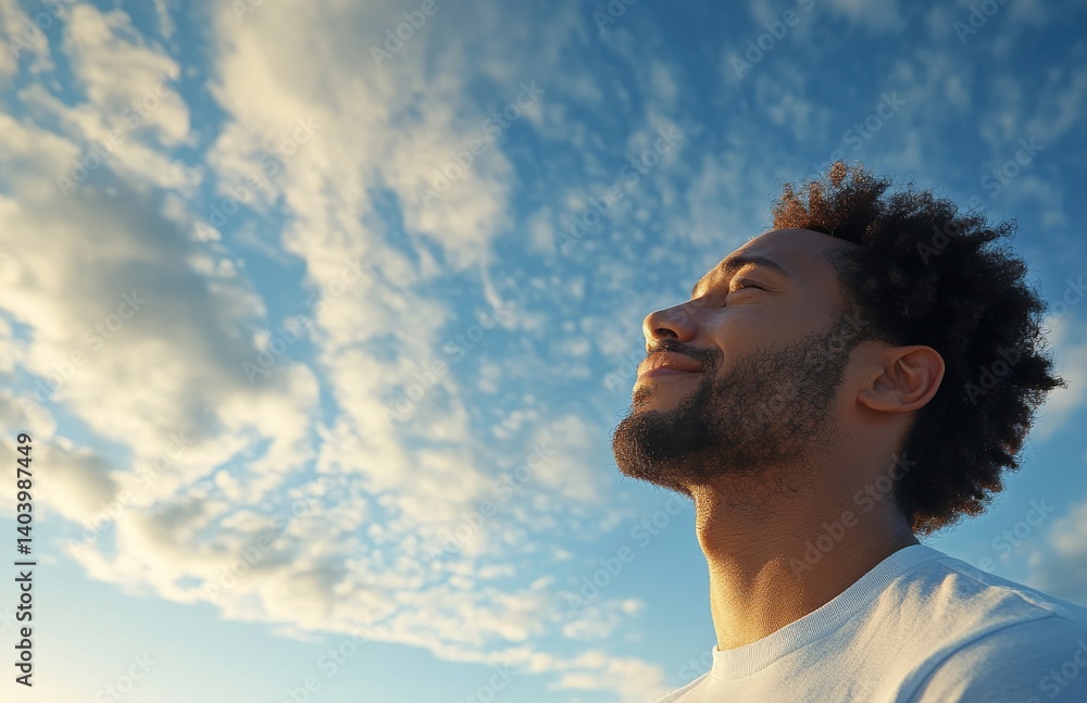 Breathing the fresh air of the natural world, a young man stands in a forest with a blue sky overhead. An adult guy tilts his head up and closes his eyes. He enjoys his vacation, meditates, and feels Breathing the fresh air of the natural world, a young man stands in a forest with a blue sky overhead. An adult guy tilts his head up and closes his eyes. He enjoys his vacation, meditates, and feels